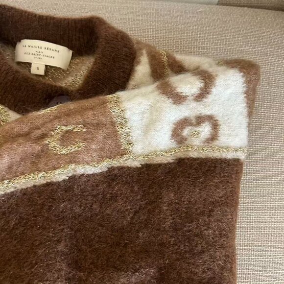 Sezane Margaux Cardigan Small Brown Camel Knit White Pink Wool Blend Sweater - Picture 9 of 9